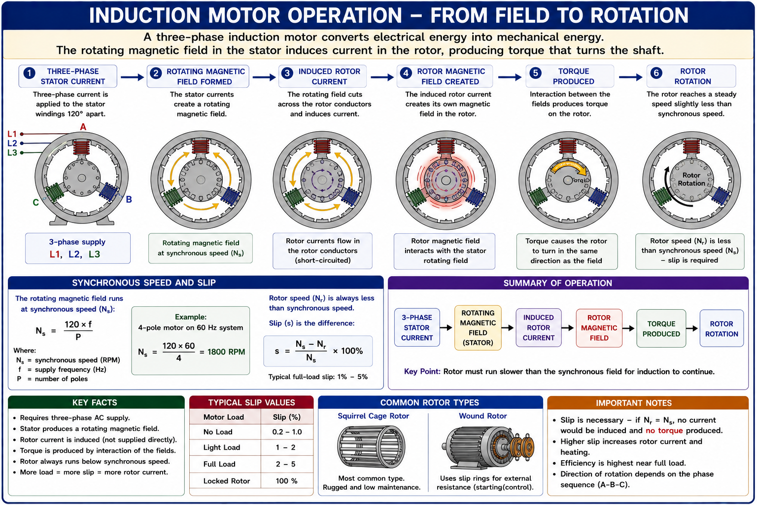 Three-phase induction motor operation showing stator current, rotating magnetic field, induced rotor current, rotor magnetic field, torque, rotor rotation, synchronous speed, and slip