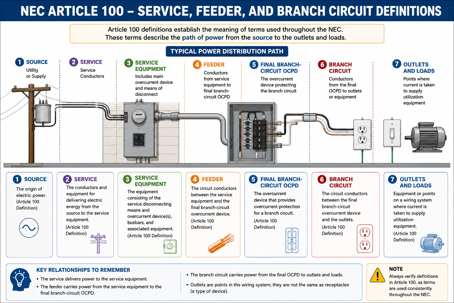 Diagram showing the relationship between the electrical source, service, service equipment, feeder, final branch-circuit overcurrent device, branch circuit, outlet, and load