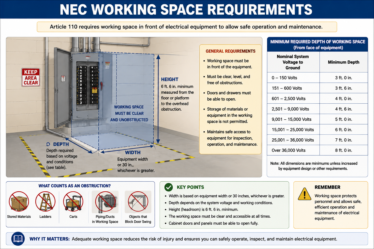 Diagram illustrating electrical working space in front of electrical equipment including width, depth, height, and clear access