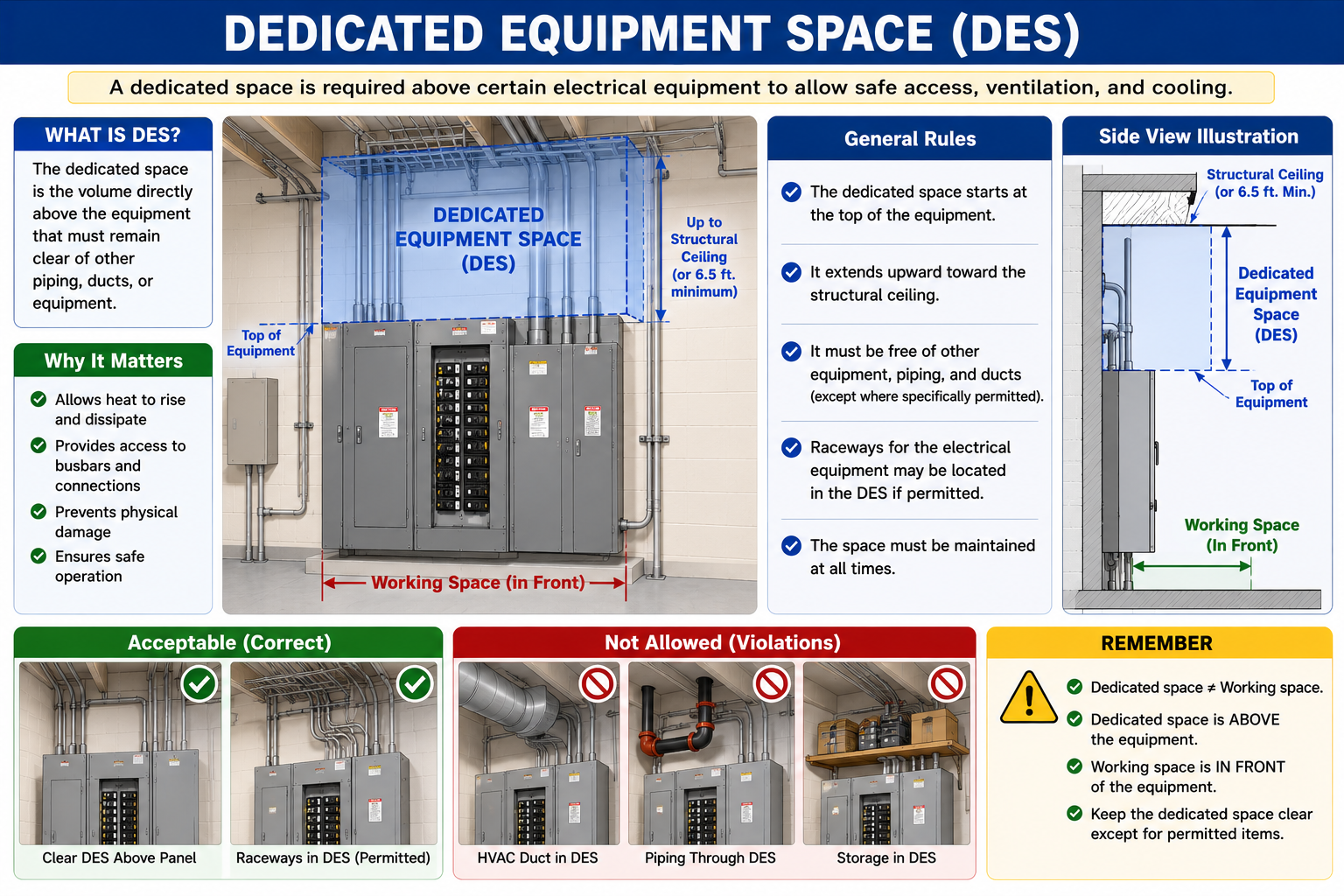 Diagram illustrating dedicated equipment space above electrical equipment and distinguishing it from working space in front of the equipment