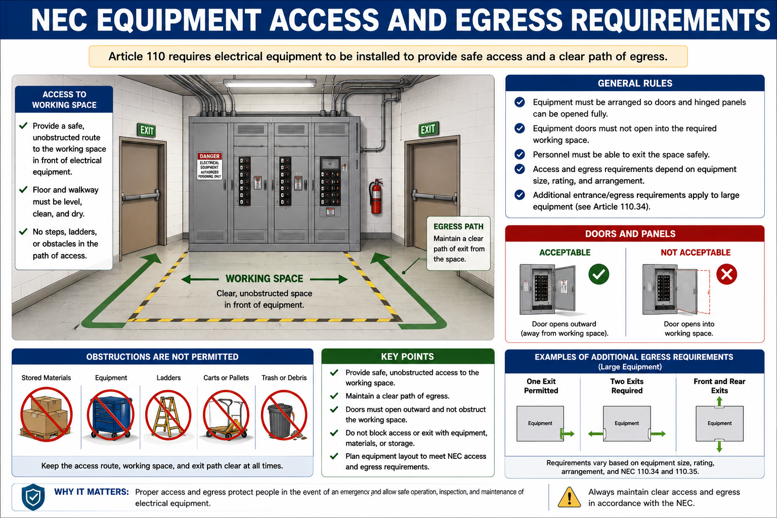 Diagram illustrating access to electrical working space and an unobstructed path of egress from the equipment area