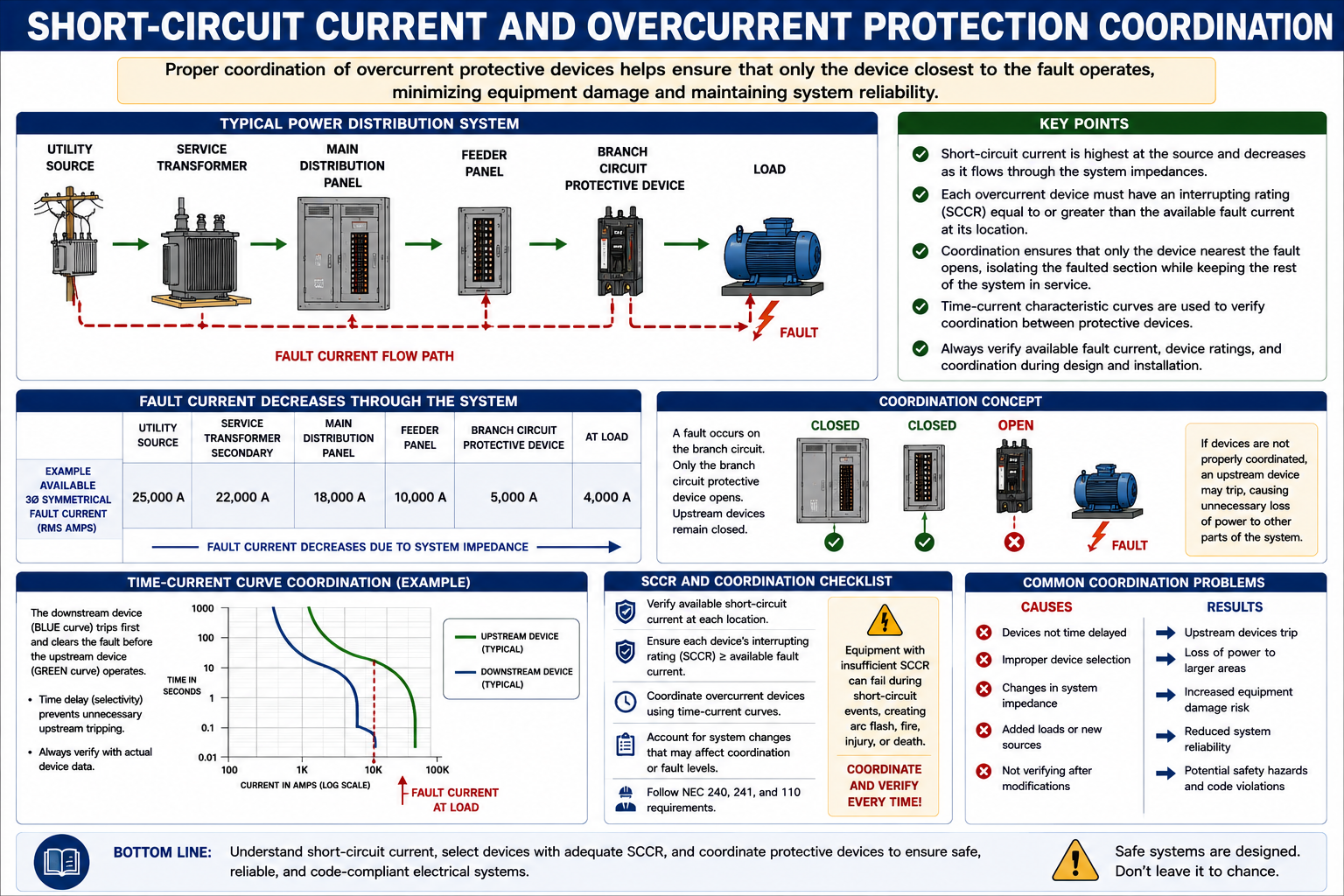 Comparison of circuit breaker or fuse interrupting rating with equipment short-circuit current rating and available fault current