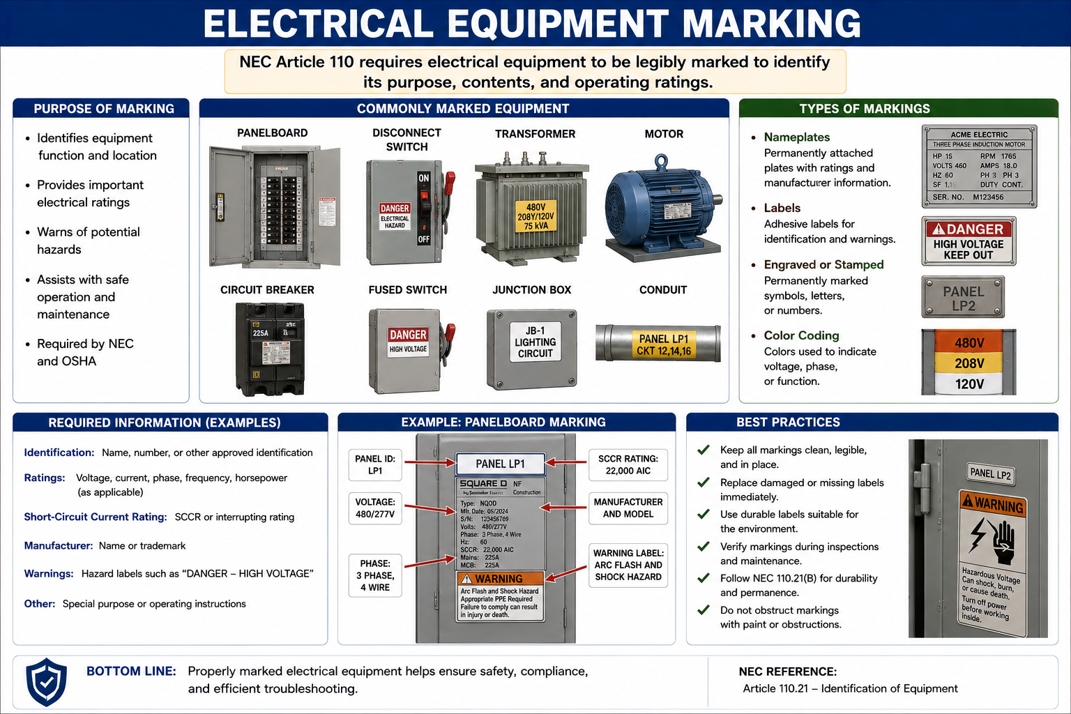 Illustration of electrical equipment markings including manufacturer identification, electrical ratings, circuit identification, and listing or labeling information