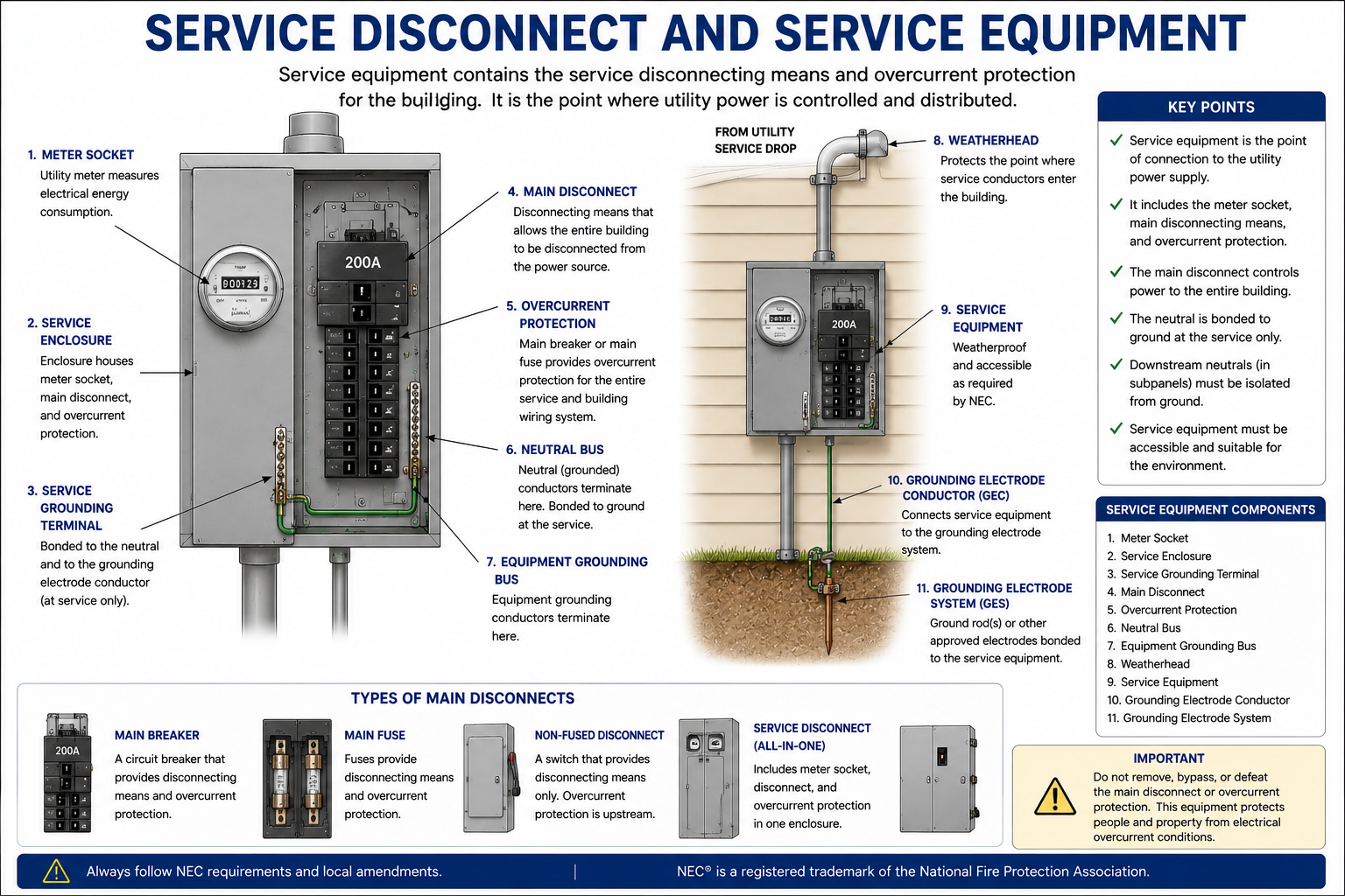 Service equipment arrangement showing service conductors, metering equipment, service disconnect, main overcurrent protection, grounding and bonding connections, and downstream feeders