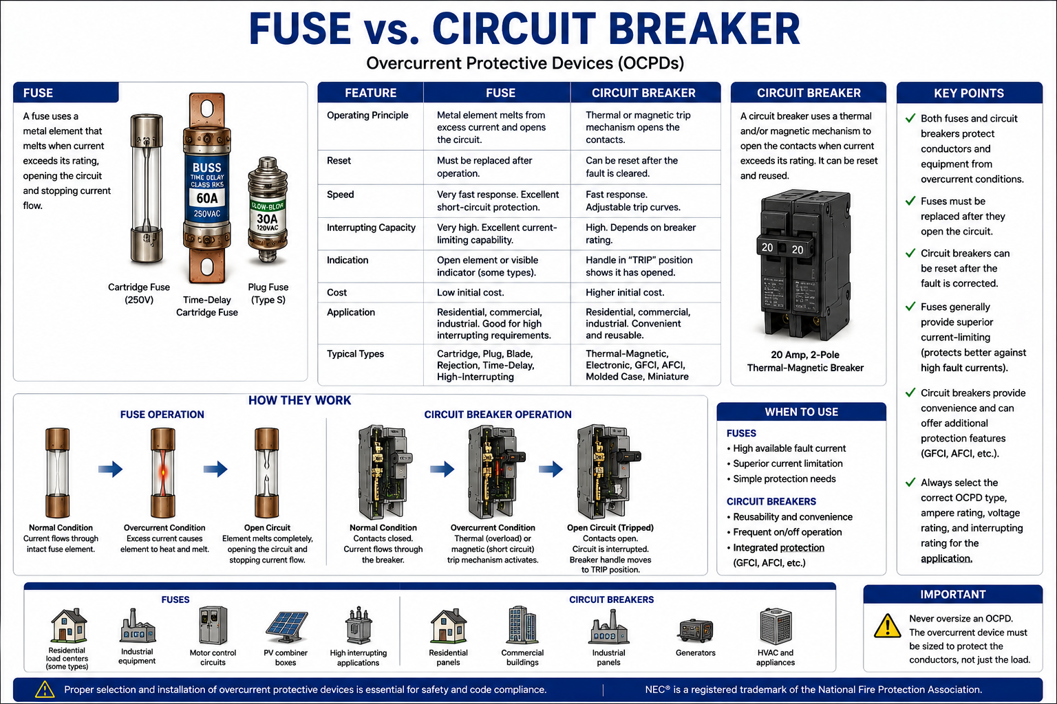 Comparison of electrical fuses and circuit breakers used for overcurrent protection