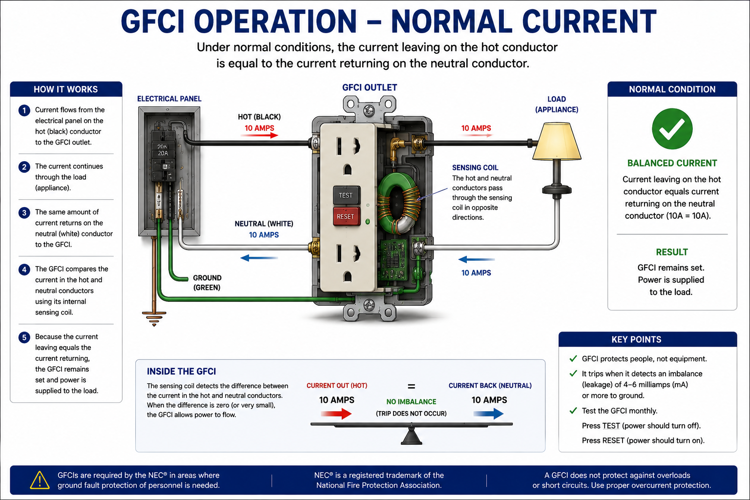 GFCI operating under normal conditions with equal outgoing and returning current