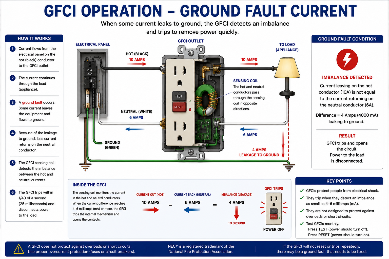 GFCI detecting a difference between outgoing and returning current during a ground-fault condition