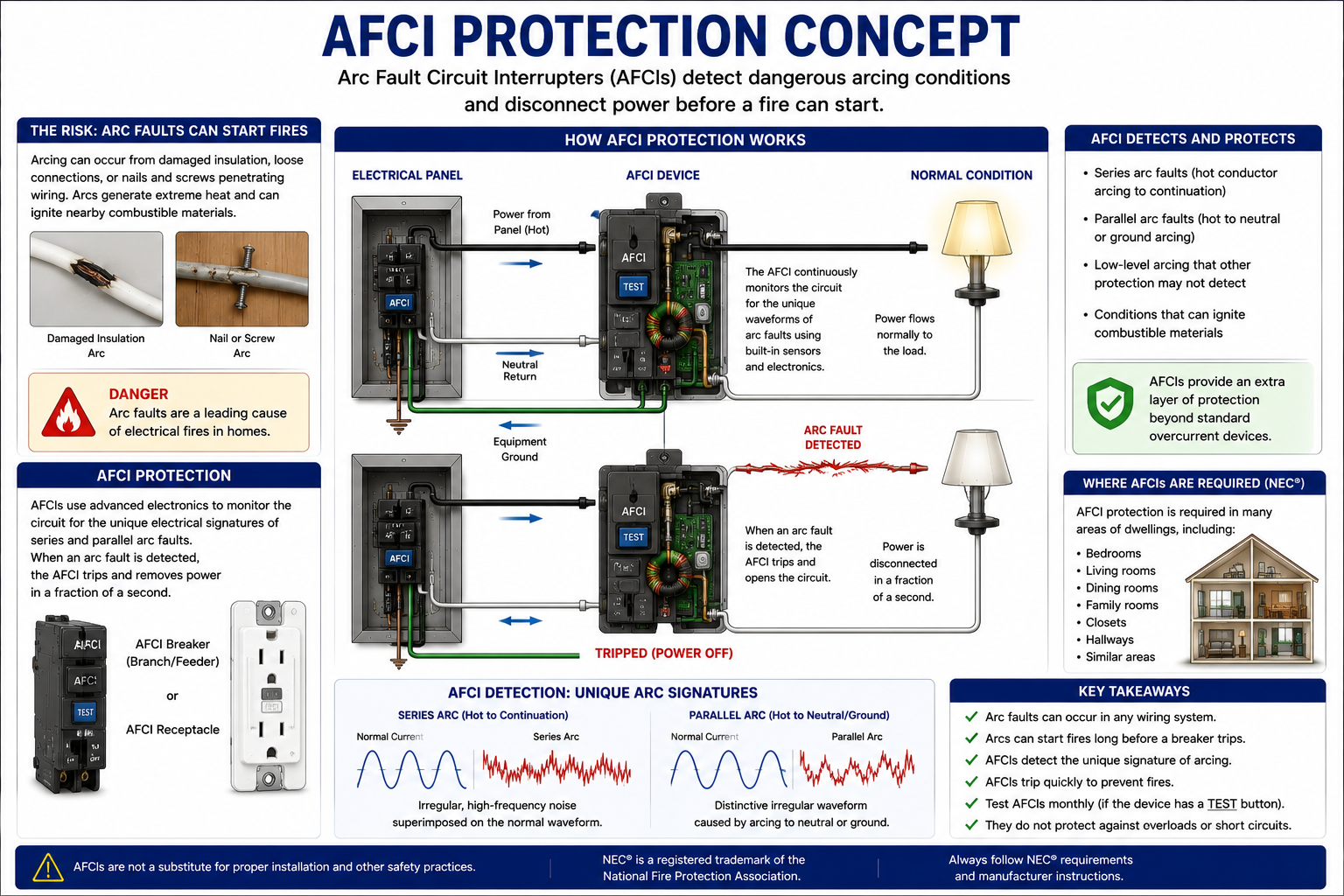 Arc-fault circuit interrupter monitoring a branch circuit and disconnecting the circuit when a hazardous arcing condition is detected