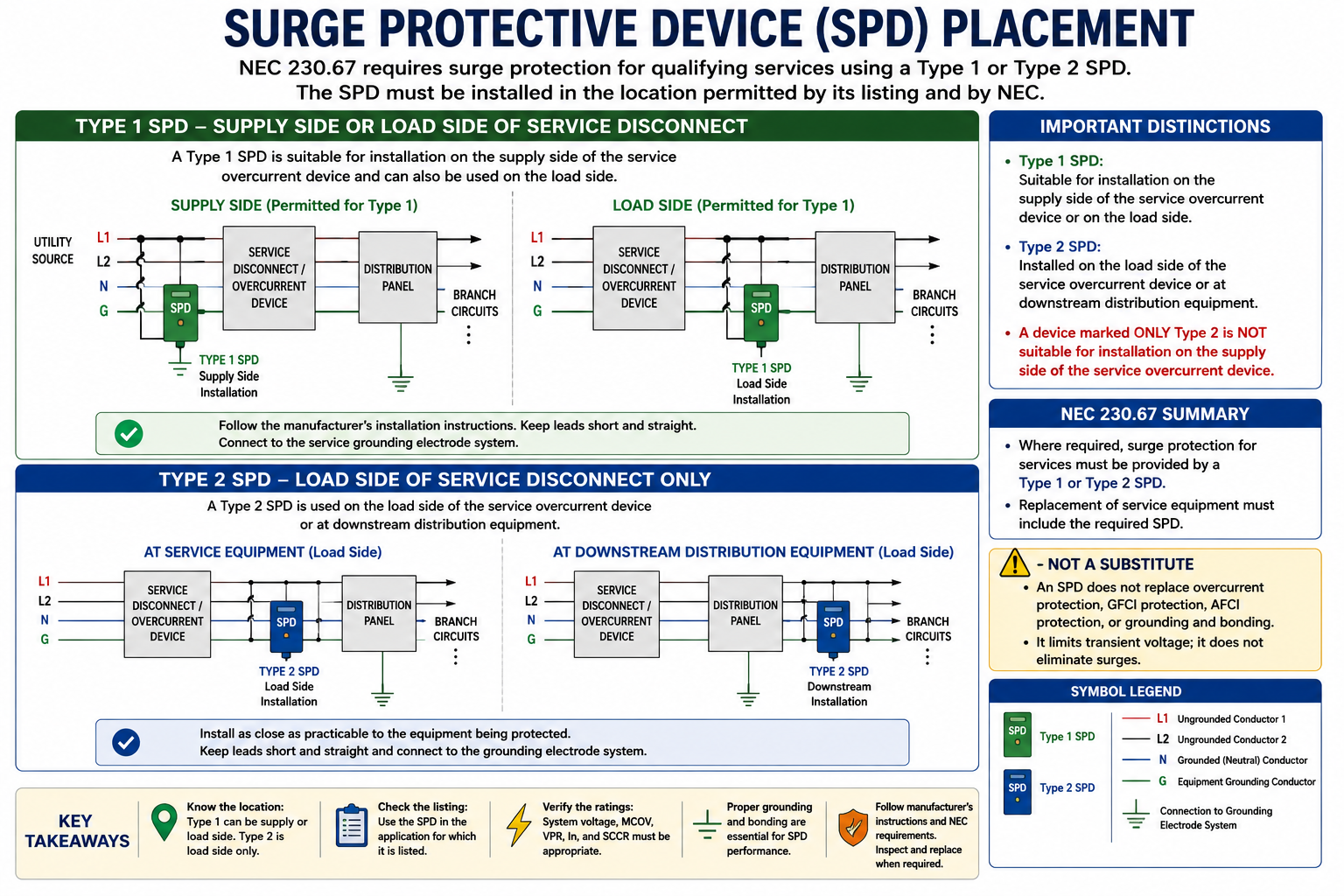 Surge protective device placement showing Type 1 SPD supply-side or load-side applications and Type 2 SPD load-side applications