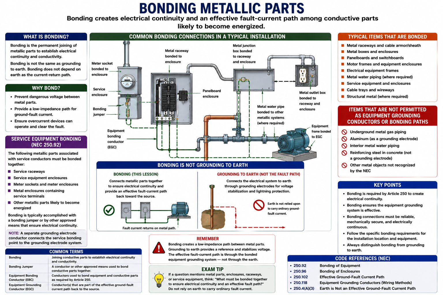 Bonding of metallic electrical parts showing service equipment, raceways, junction boxes, panelboard enclosures, metal piping, and equipment frames connected into an effective fault-current path
