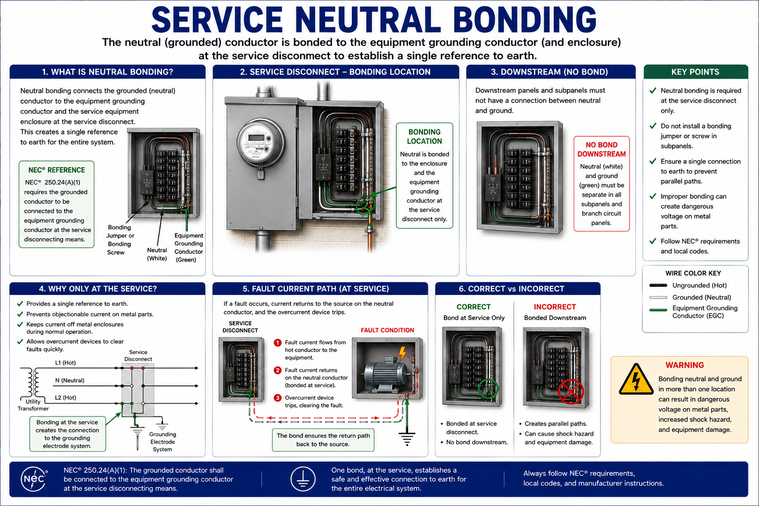 Service neutral bonding diagram showing the grounded service conductor bonded to the service equipment grounding system at the service disconnect