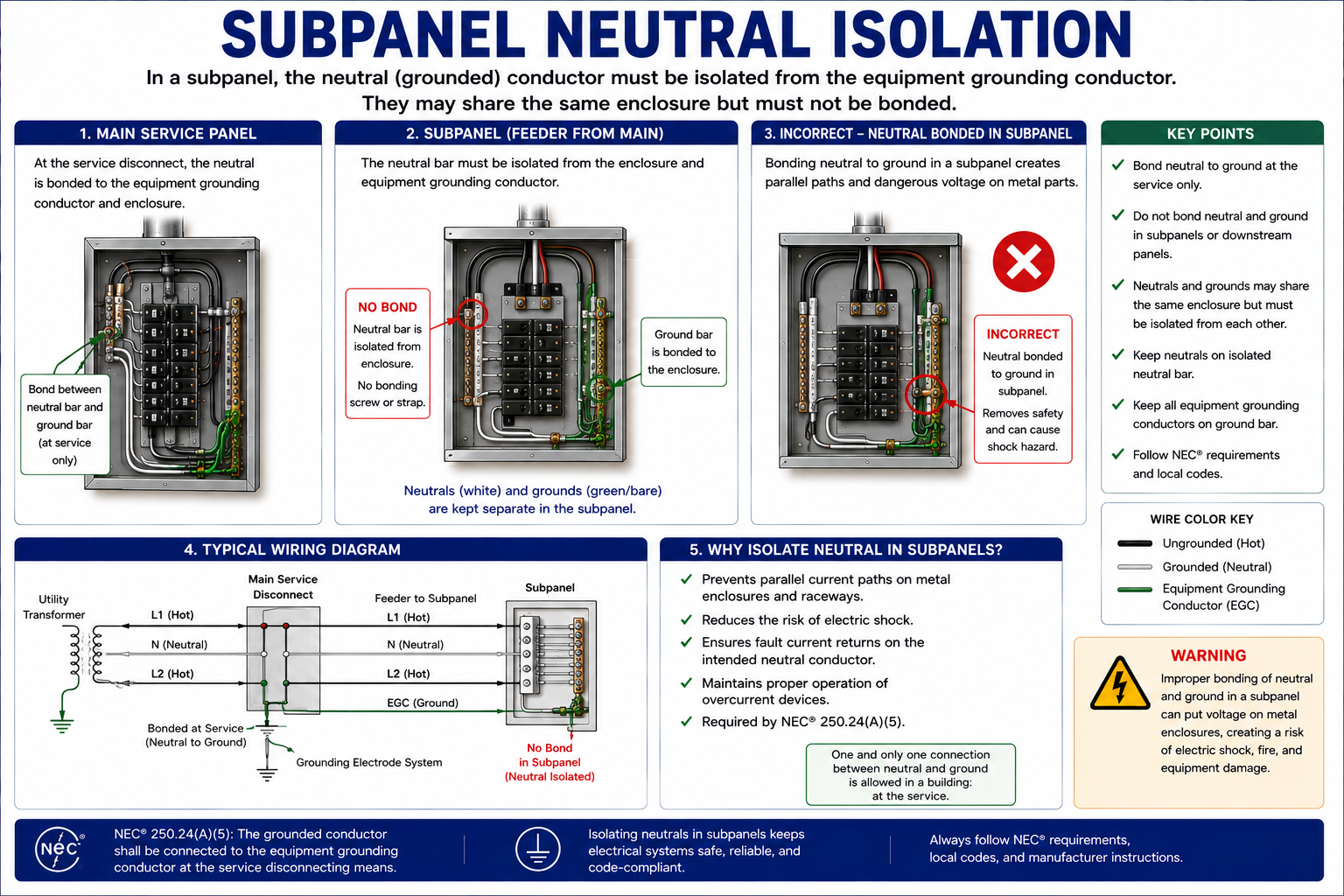 Feeder-supplied panelboard showing the neutral bus isolated from the metal enclosure and the equipment grounding bus bonded to the enclosure