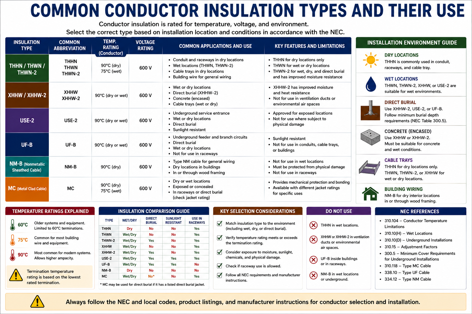 Comparison of common electrical conductor insulation types and their applications