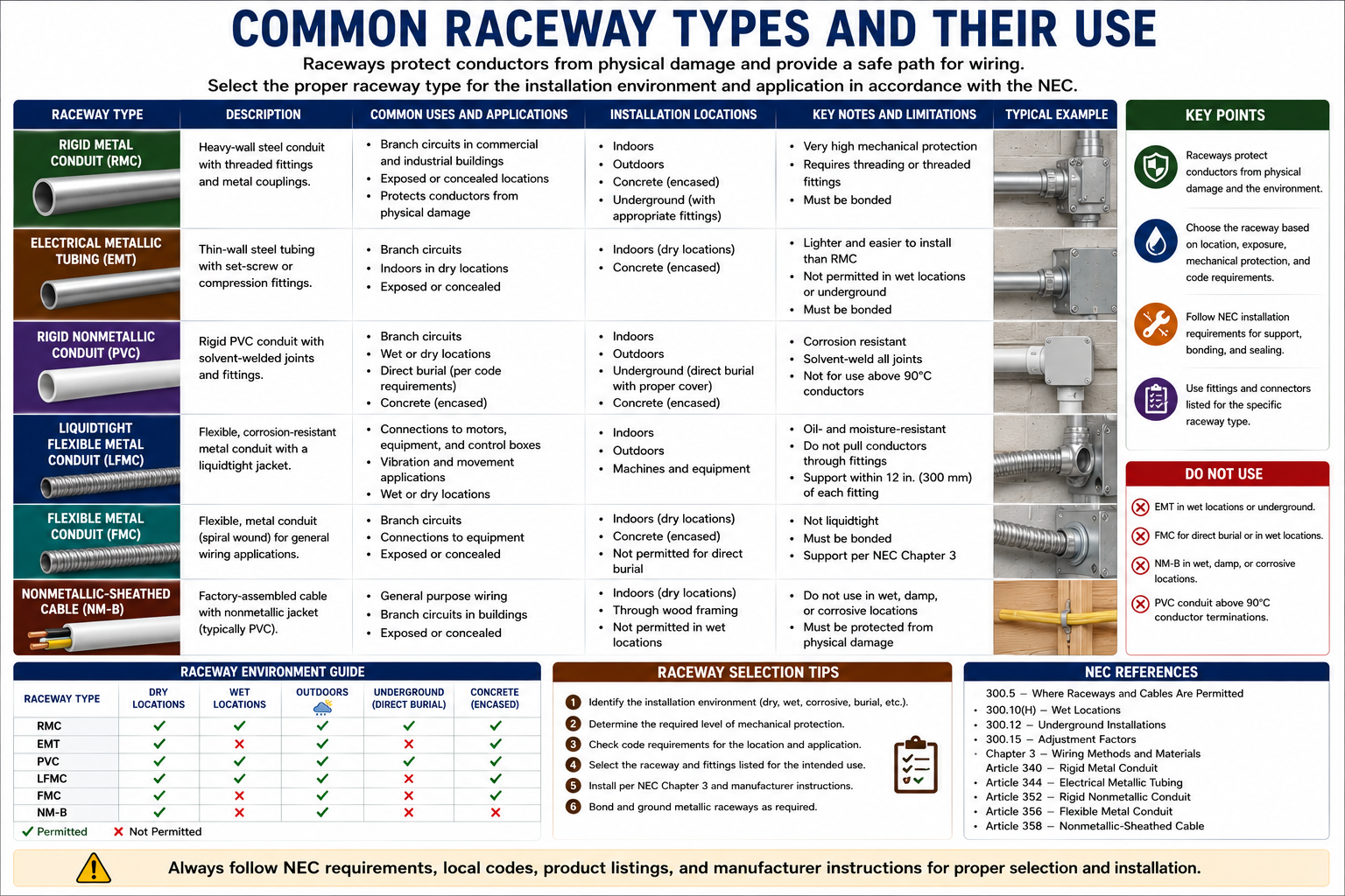 Comparison of common electrical raceway types including metallic, nonmetallic, rigid, and flexible systems