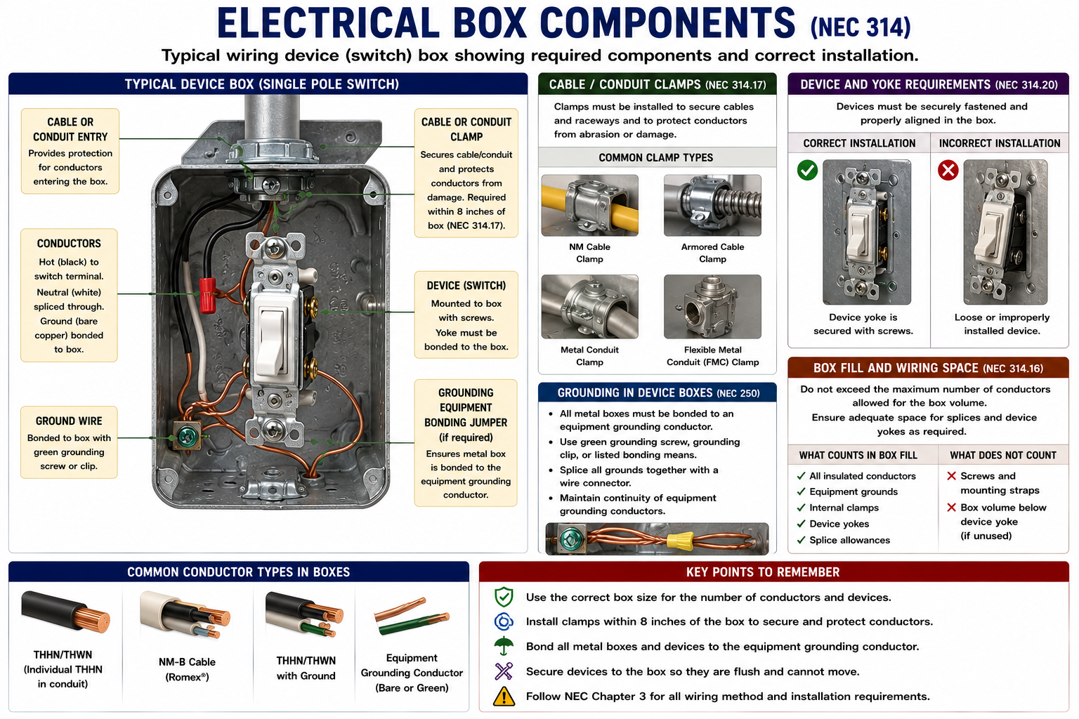 Electrical box showing conductors, device yoke, cable clamps, grounding connections, connectors, and enclosure components
