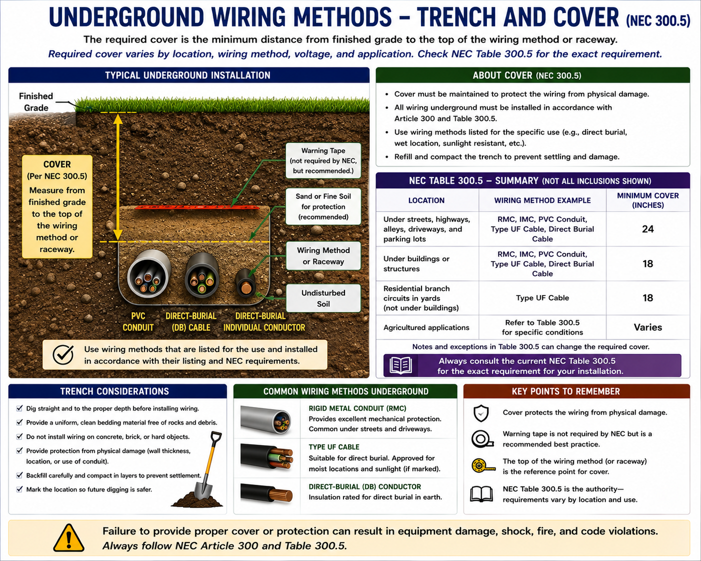 Underground electrical wiring trench showing burial depth, direct-burial cable, raceway, finished grade, and protection where wiring emerges from the ground