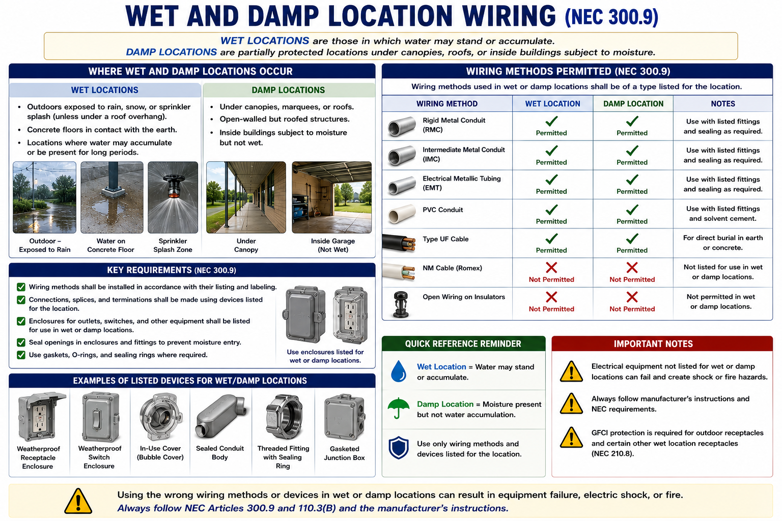 Electrical wiring installations comparing damp and wet locations with appropriate enclosures, fittings, and conductor protection
