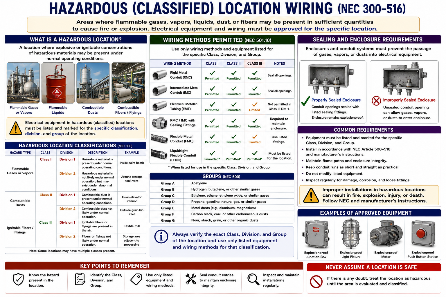 Hazardous classified electrical installation illustrating Class I gas or vapor, Class II combustible dust, and Class III ignitible fiber environments