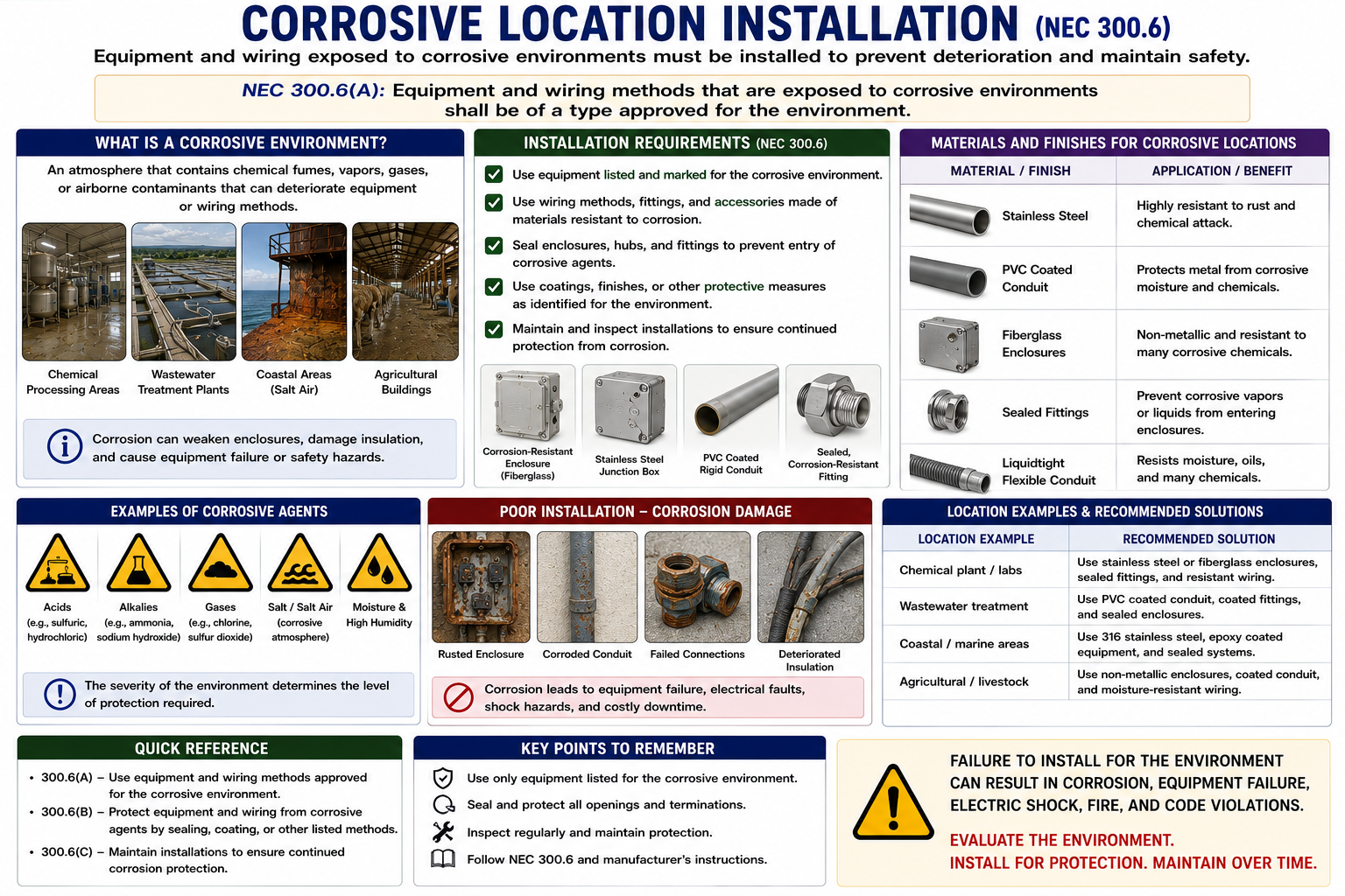 Electrical installation in a corrosive environment showing corrosion-resistant raceway, enclosure, fittings, and support hardware