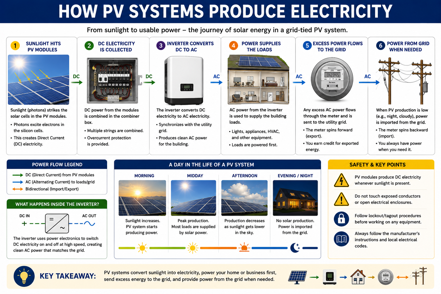 Overview of a photovoltaic solar electrical system showing the PV array, inverter, electrical distribution equipment, building loads, and utility connection
