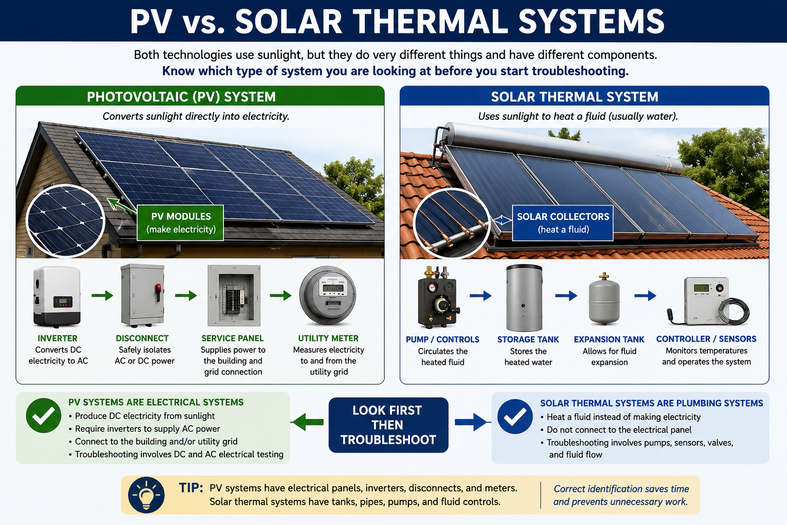 Comparison of photovoltaic solar panels that generate electricity with solar thermal collectors that capture heat