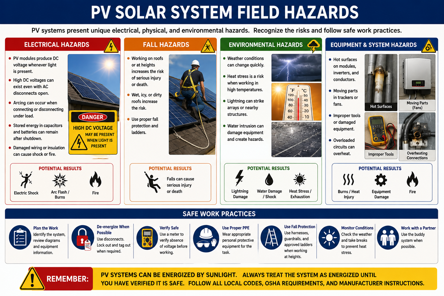 Field hazards associated with photovoltaic solar systems including electrical hazards, roof and fall hazards, equipment, weather, and environmental conditions