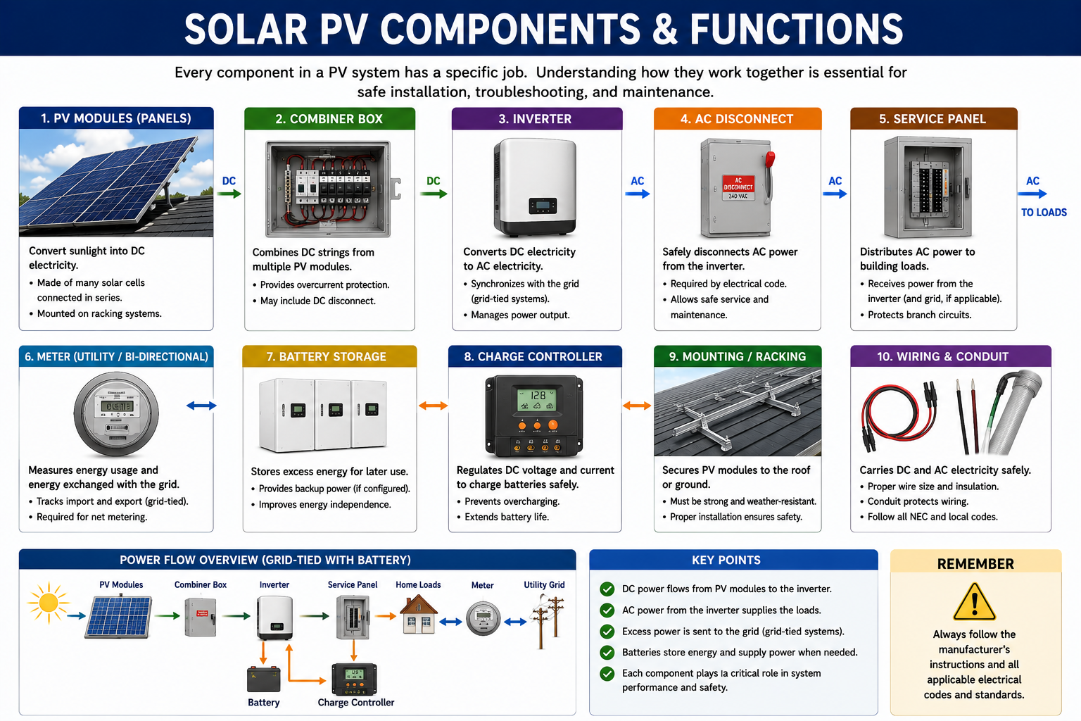 Photovoltaic system diagram showing the relationship between an individual PV module, a series string of modules, and a complete PV array