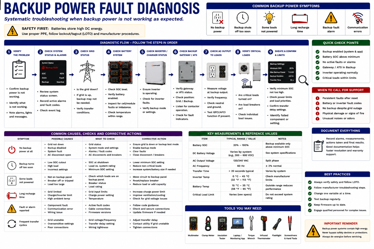 Battery backup power fault diagnostic sequence checking utility outage detection, isolation, battery availability, grid-forming inverter operation, backup distribution, and loads