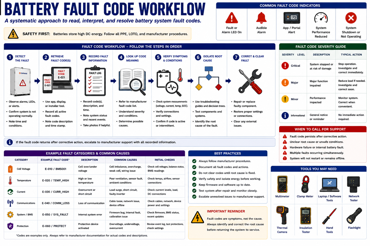 Battery energy storage fault code workflow showing fault recording, manufacturer documentation, system verification, diagnosis, corrective action, and post-repair verification