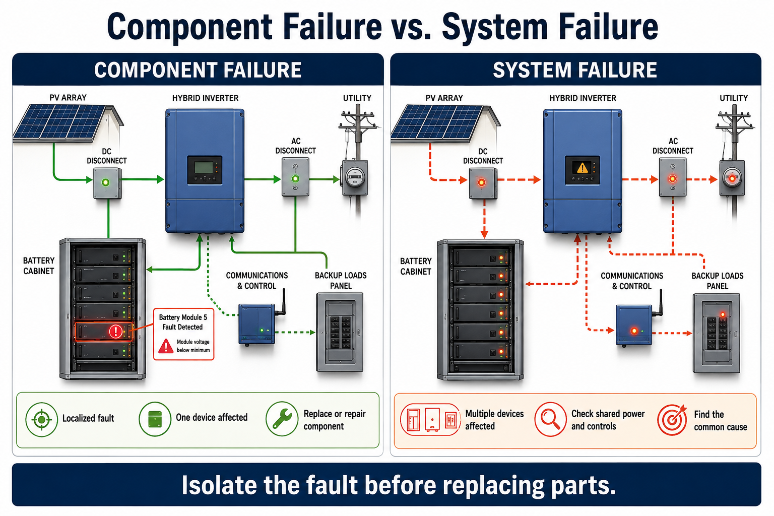 Comparison of individual component failure and system-level failure in a battery energy storage installation