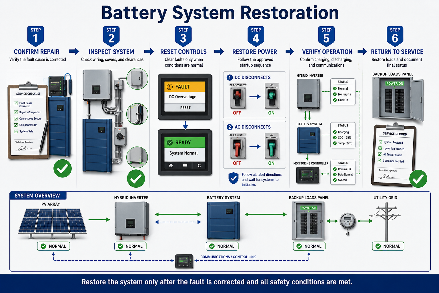 Battery energy storage system restoration sequence showing inspection, disconnect restoration, equipment startup, communications verification, fault review, and return to operation