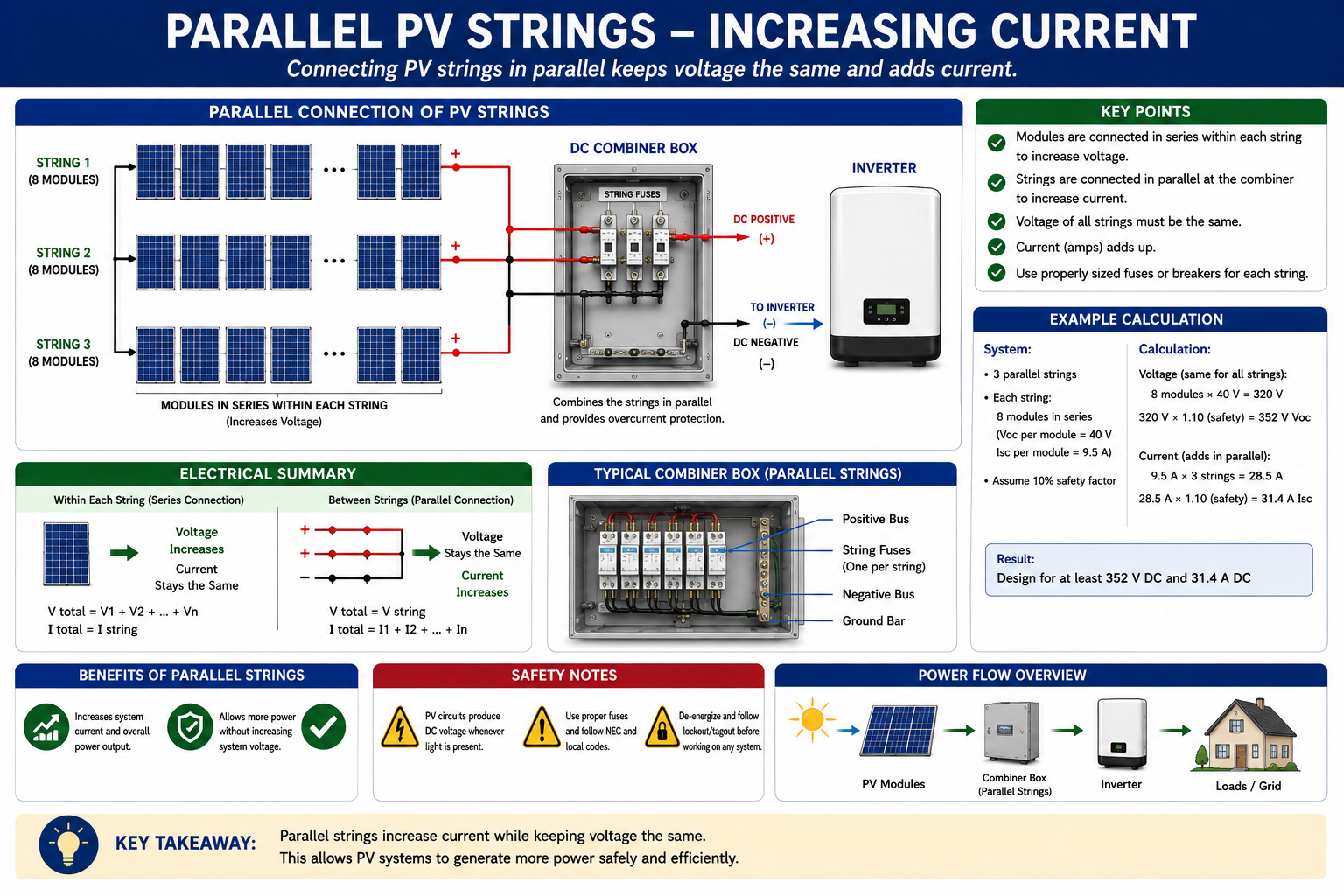 Multiple photovoltaic strings connected in parallel showing approximately equal string voltage and combined current