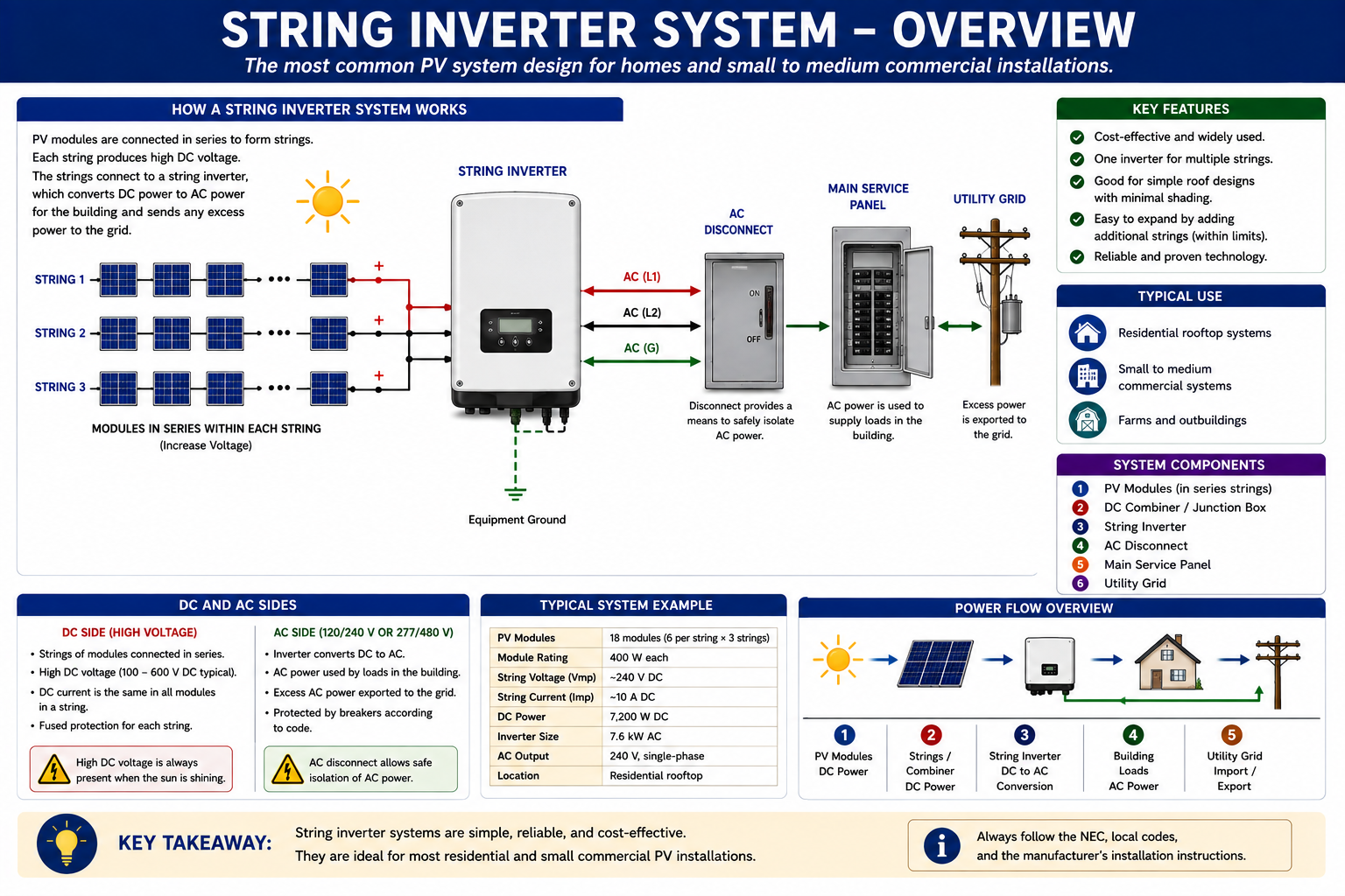 Photovoltaic string-inverter system showing series-connected PV modules feeding a centralized inverter