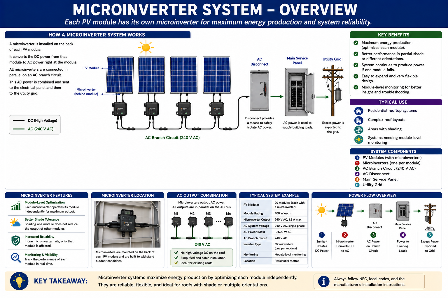 Photovoltaic microinverter system showing individual PV modules connected to module-level microinverters and an AC branch circuit