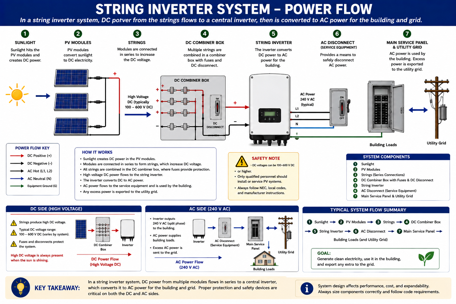 String-inverter photovoltaic power flow showing PV modules and strings feeding DC equipment, central inverter, AC distribution equipment, building loads, and utility connection