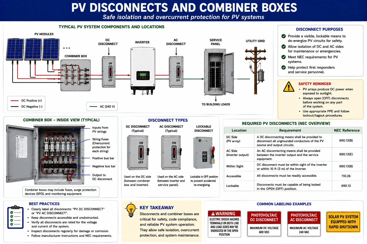PV combiner box and disconnect equipment showing multiple DC string inputs, protective components, disconnecting means, and output toward an inverter