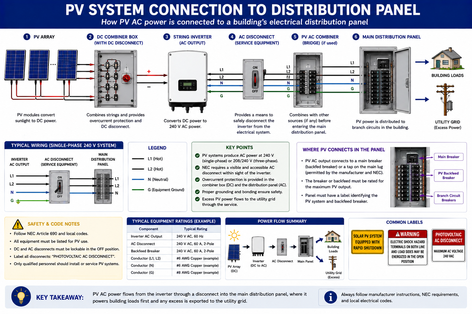 PV solar system connected to a building electrical distribution panel showing inverter output, solar breaker, building loads, utility service, and bidirectional power flow