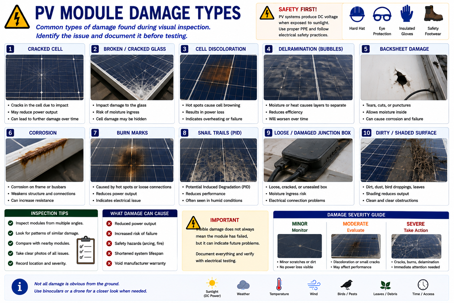 Examples of photovoltaic module damage including cracked glass, damaged cells, delamination, discoloration, frame damage, and junction box problems
