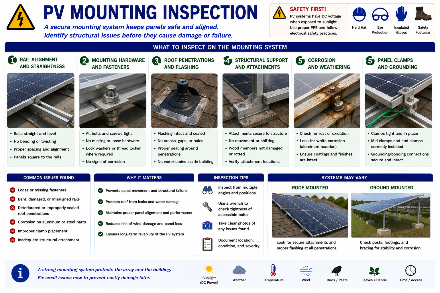 Photovoltaic mounting system inspection showing rails, clamps, fasteners, module frames, attachments, grounding and bonding points, and common defects