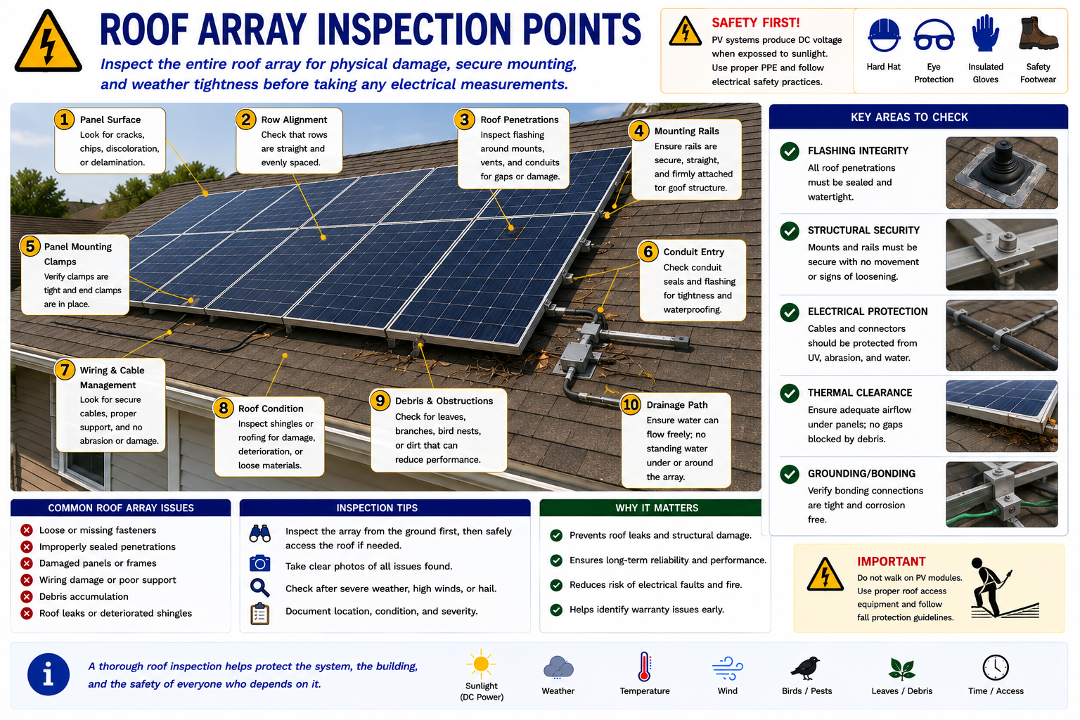 Roof-mounted photovoltaic array inspection points including modules, rails, clamps, roof attachments, flashing, wiring, roof condition, drainage, shading, and access hazards