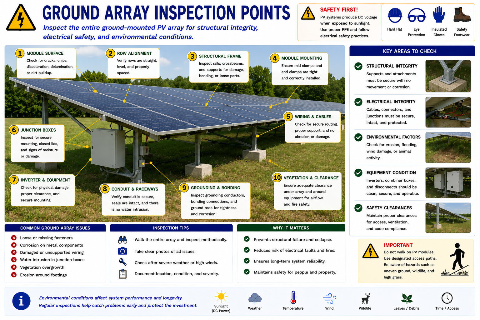 Ground-mounted photovoltaic array inspection points including modules, support structure, foundations, vegetation, wiring, corrosion, erosion, drainage, animal damage, and physical impact