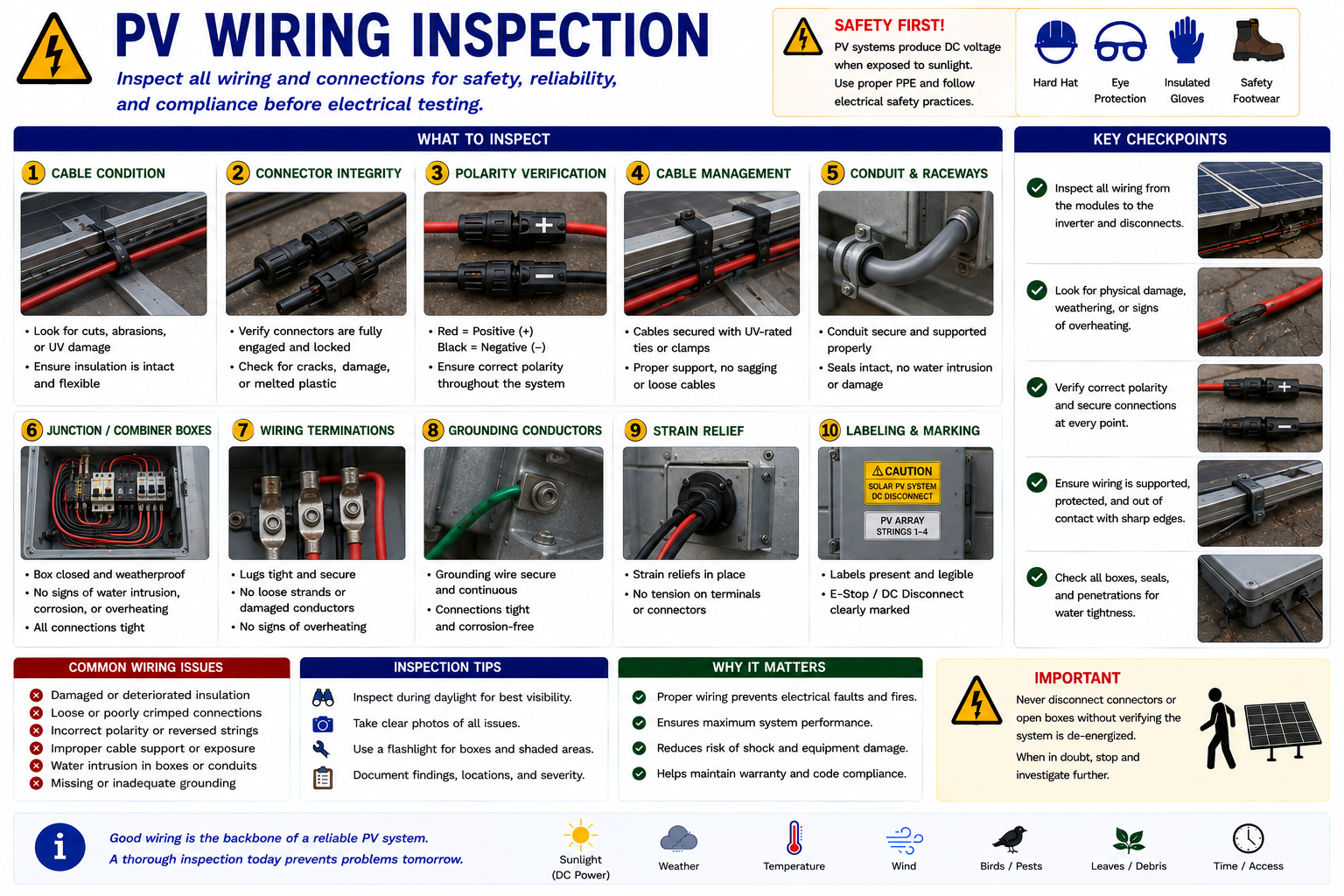 Photovoltaic wiring inspection showing proper conductor routing, support, protection, connectors, conduit, and common visible wiring concerns