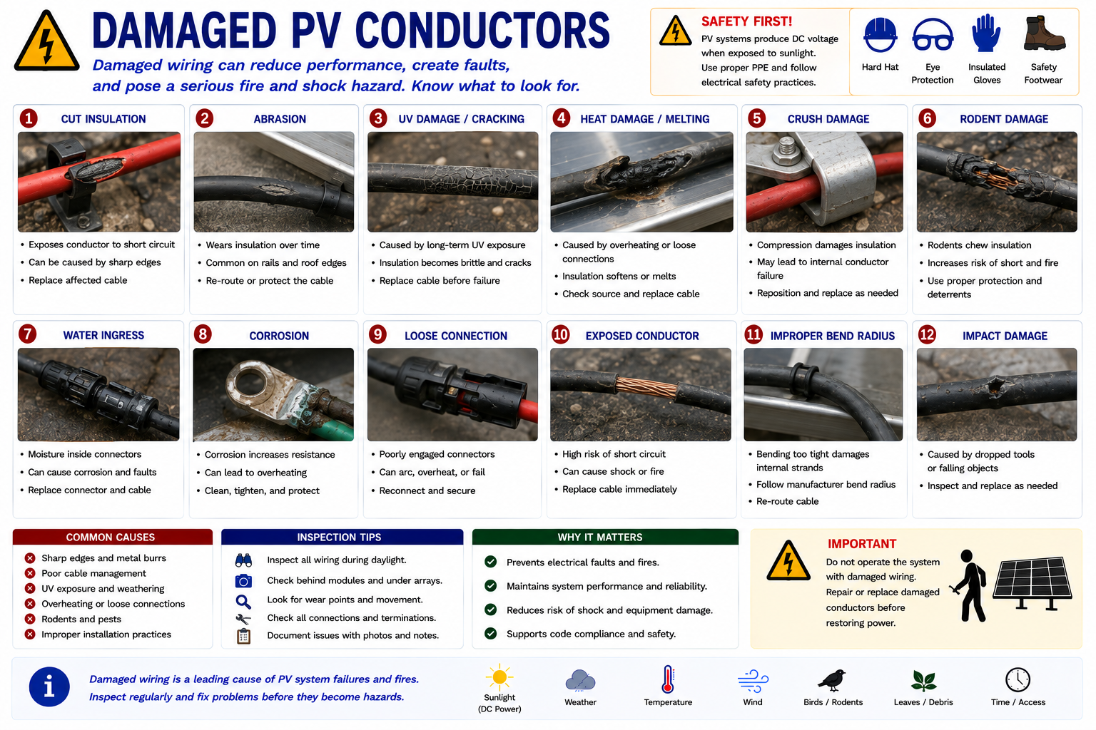Examples of damaged photovoltaic conductors including abrasion, cracked insulation, animal damage, pinched wiring, exposed conductor, and heat damage