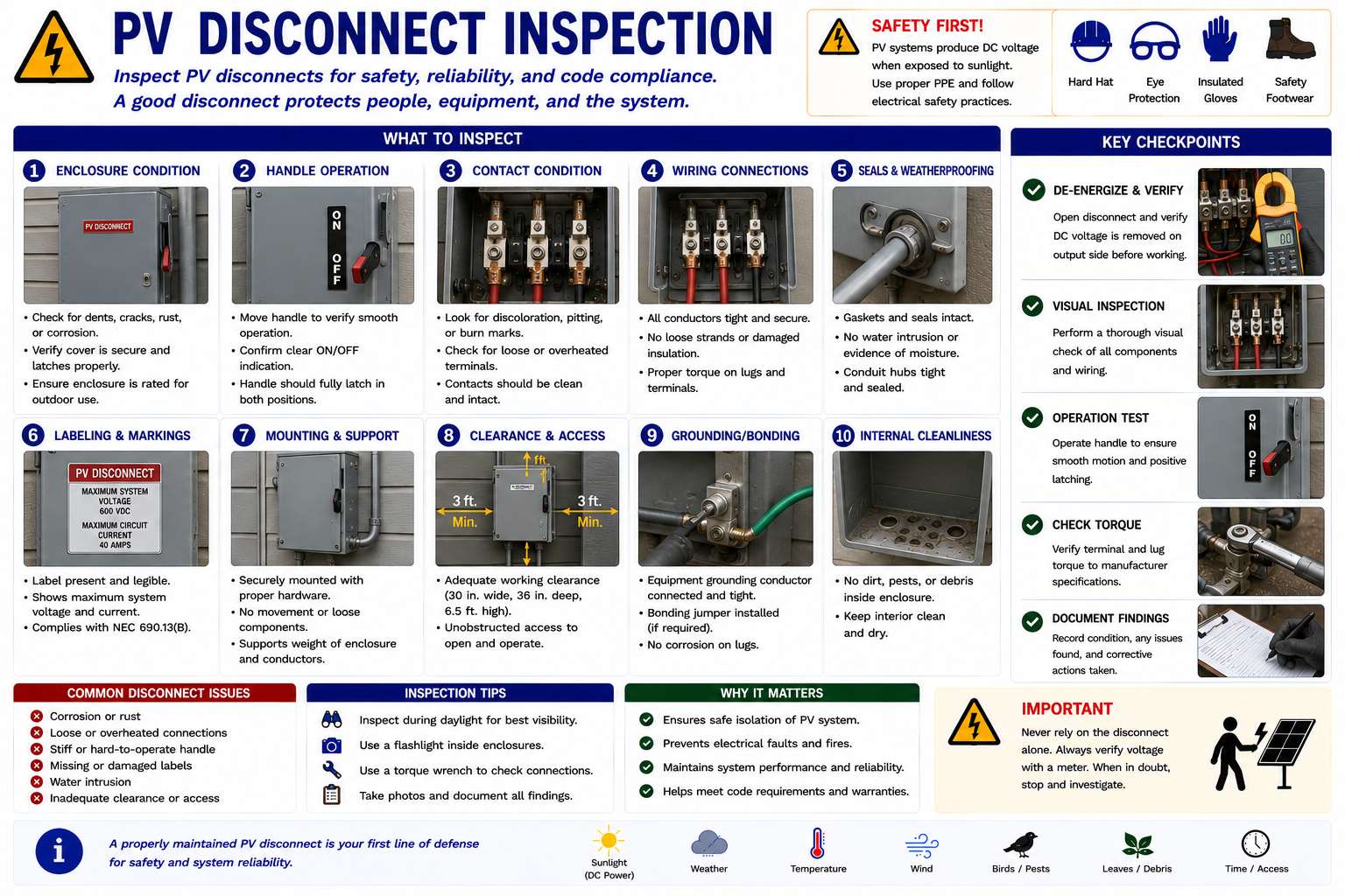 Photovoltaic electrical disconnect inspection showing enclosure, handle, labels, terminals, conductor entries, corrosion, moisture intrusion, and heat damage