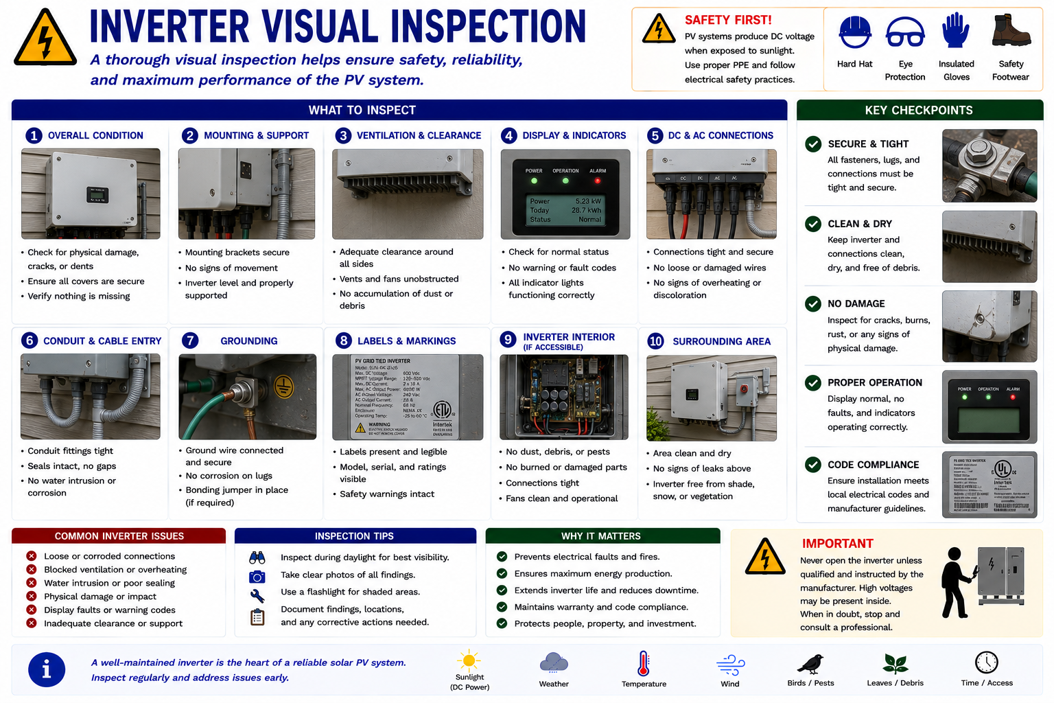 Photovoltaic inverter visual inspection showing enclosure, display, status indicators, ventilation, conductor entries, disconnects, labels, corrosion, moisture, and heat damage