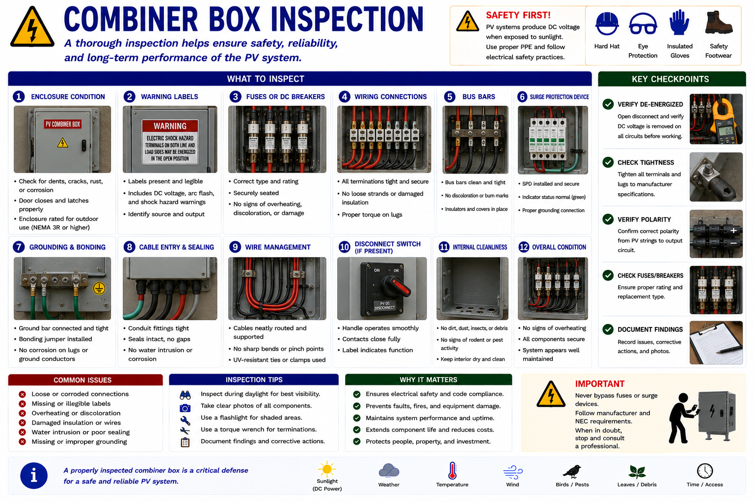 Photovoltaic combiner box inspection showing string inputs, fuses, terminals, output conductors, surge protection, corrosion, moisture, loose connections, and overheating
