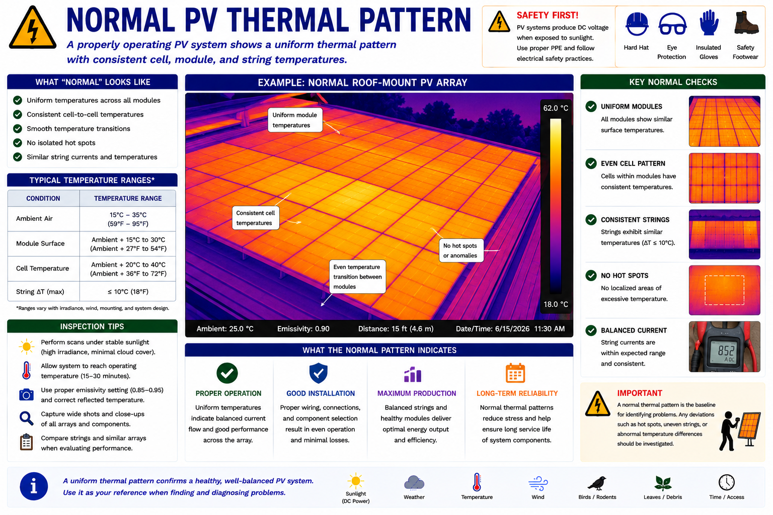 Normal photovoltaic array thermal image showing relatively consistent temperatures across operating modules