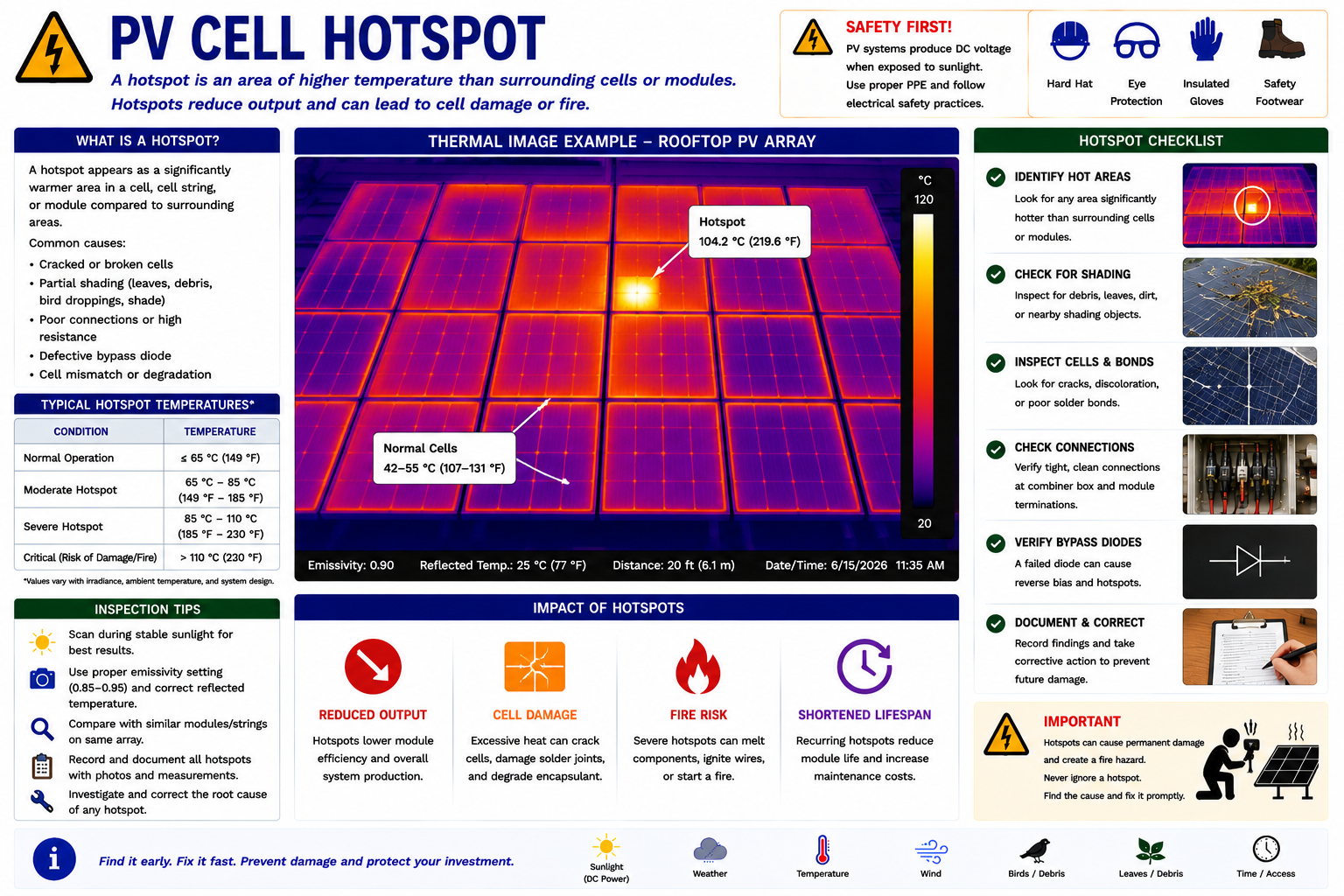 Thermal image of a photovoltaic module showing a localized hot cell compared with surrounding cells