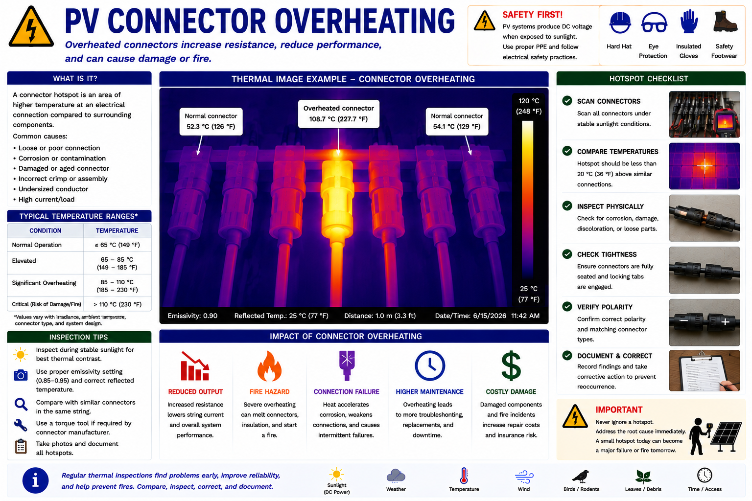 Thermal image of a photovoltaic connector showing localized overheating compared with the connected conductors