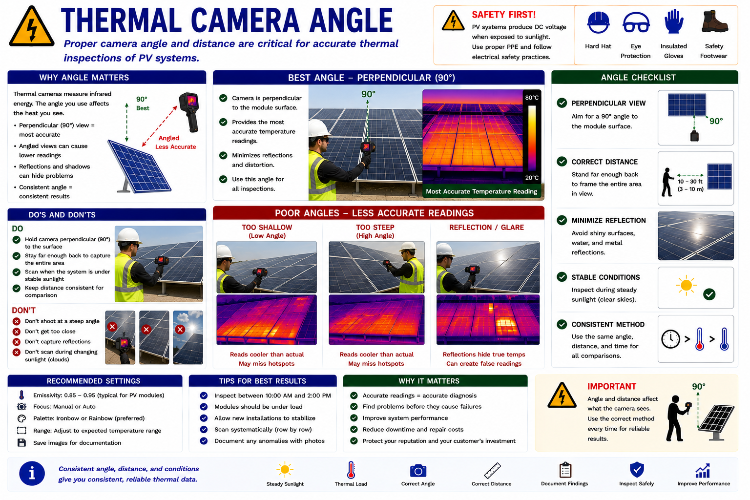 Thermal camera inspection of a photovoltaic array showing how camera viewing angle can create or reduce reflected thermal energy